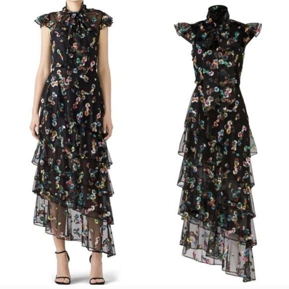 ML Monique Lhuillier Multi Floral Black Mesh Tiered Embroidered Sleeved Gown